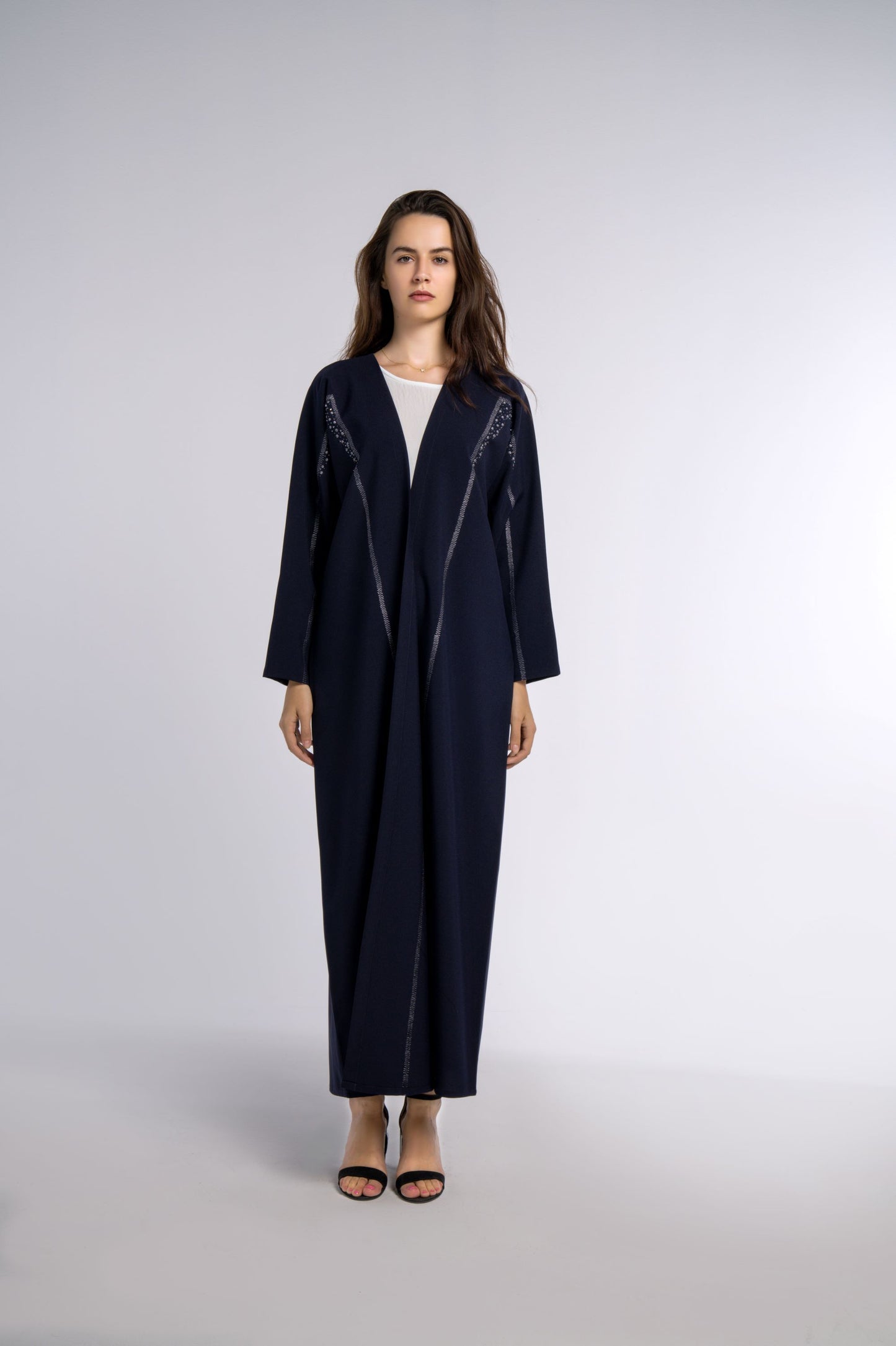Dark Blue Colored Bisht Abaya with Geometric Patterned Embroidery