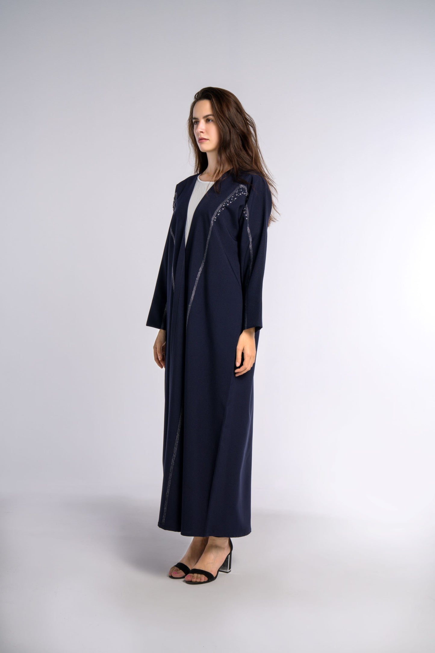 Dark Blue Colored Bisht Abaya with Geometric Patterned Embroidery