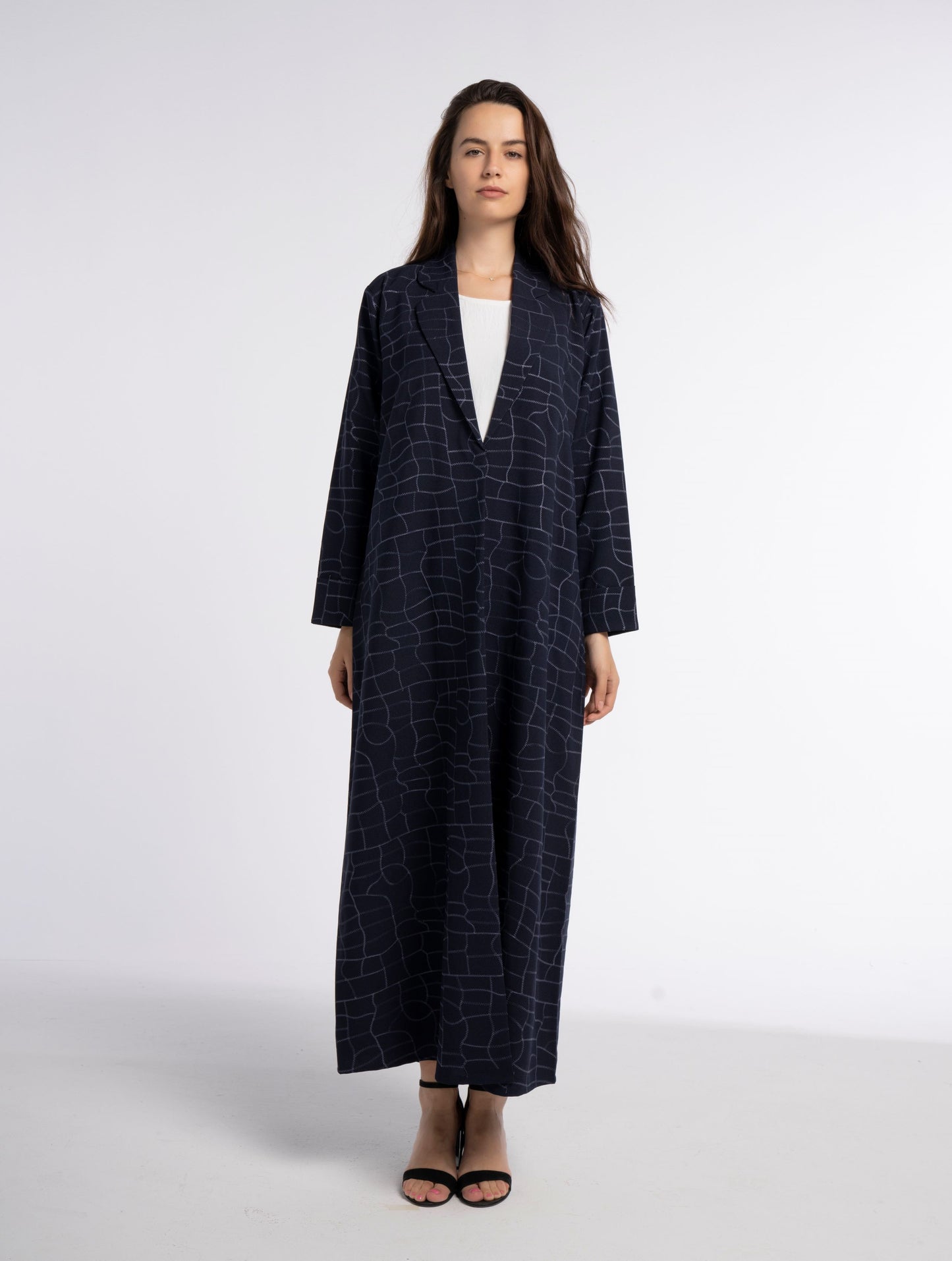 Dark Blue Colored Machine-Printed White Bisht Abaya