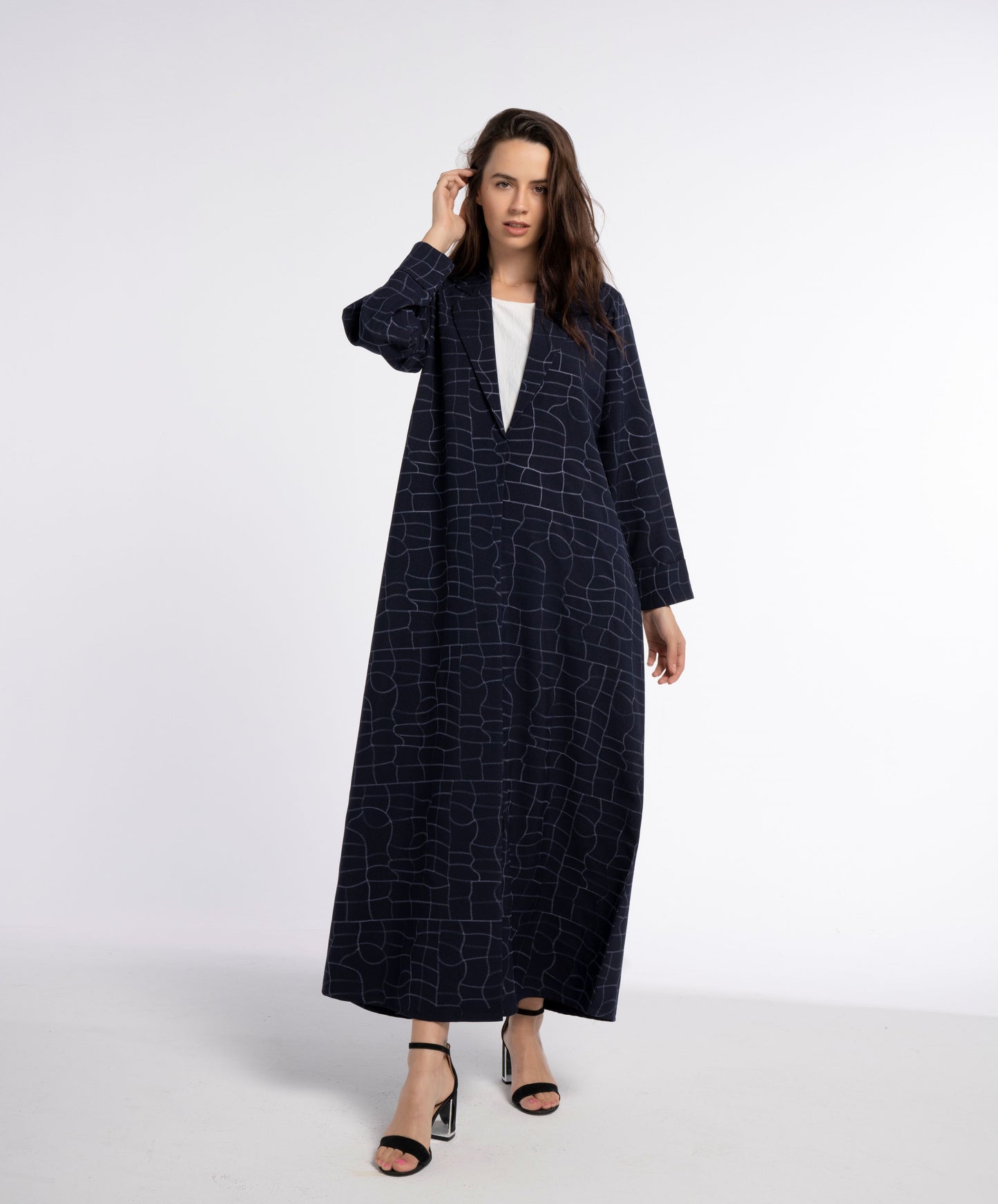 Dark Blue Colored Machine-Printed White Bisht Abaya