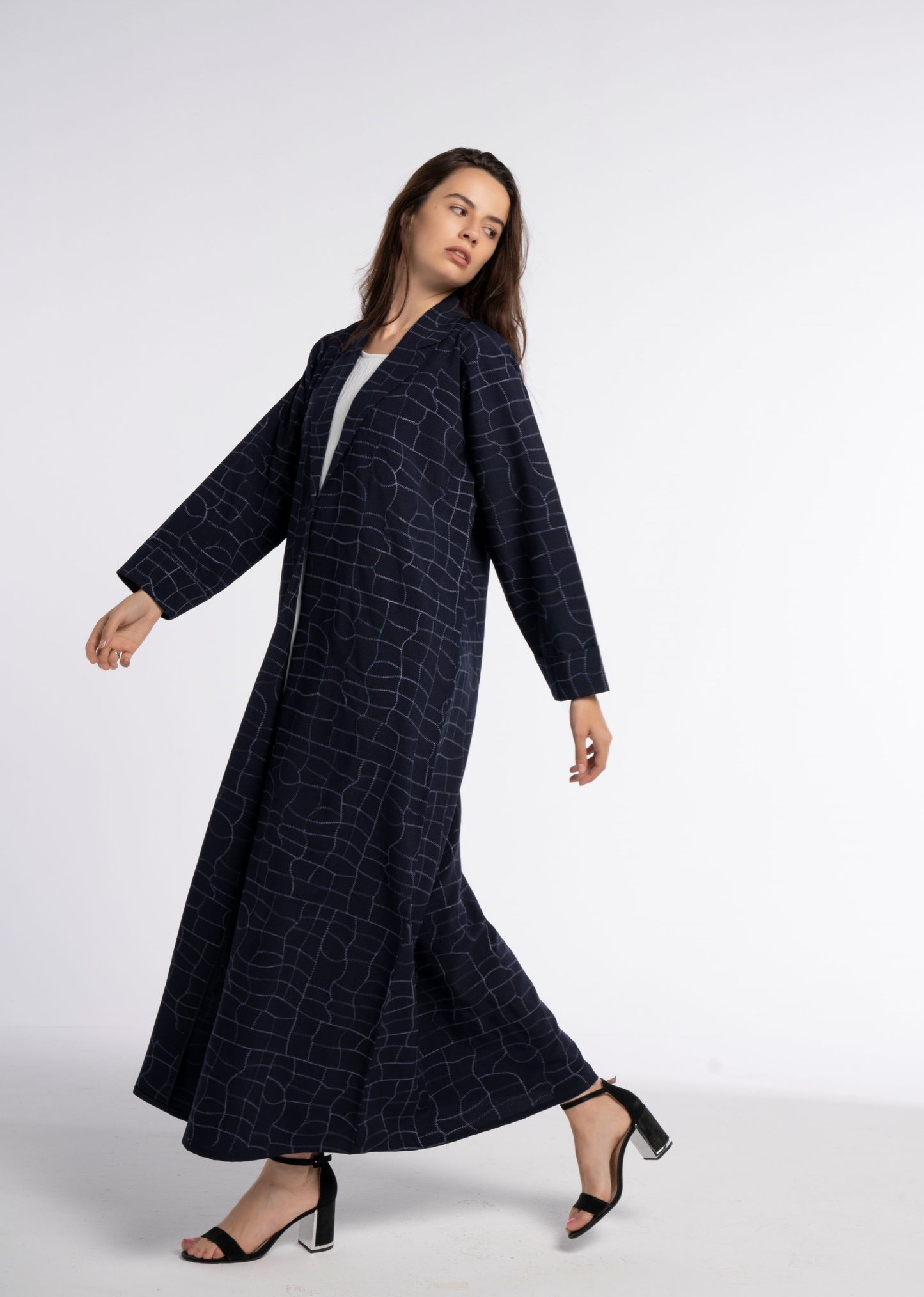 Dark Blue Colored Machine-Printed White Bisht Abaya