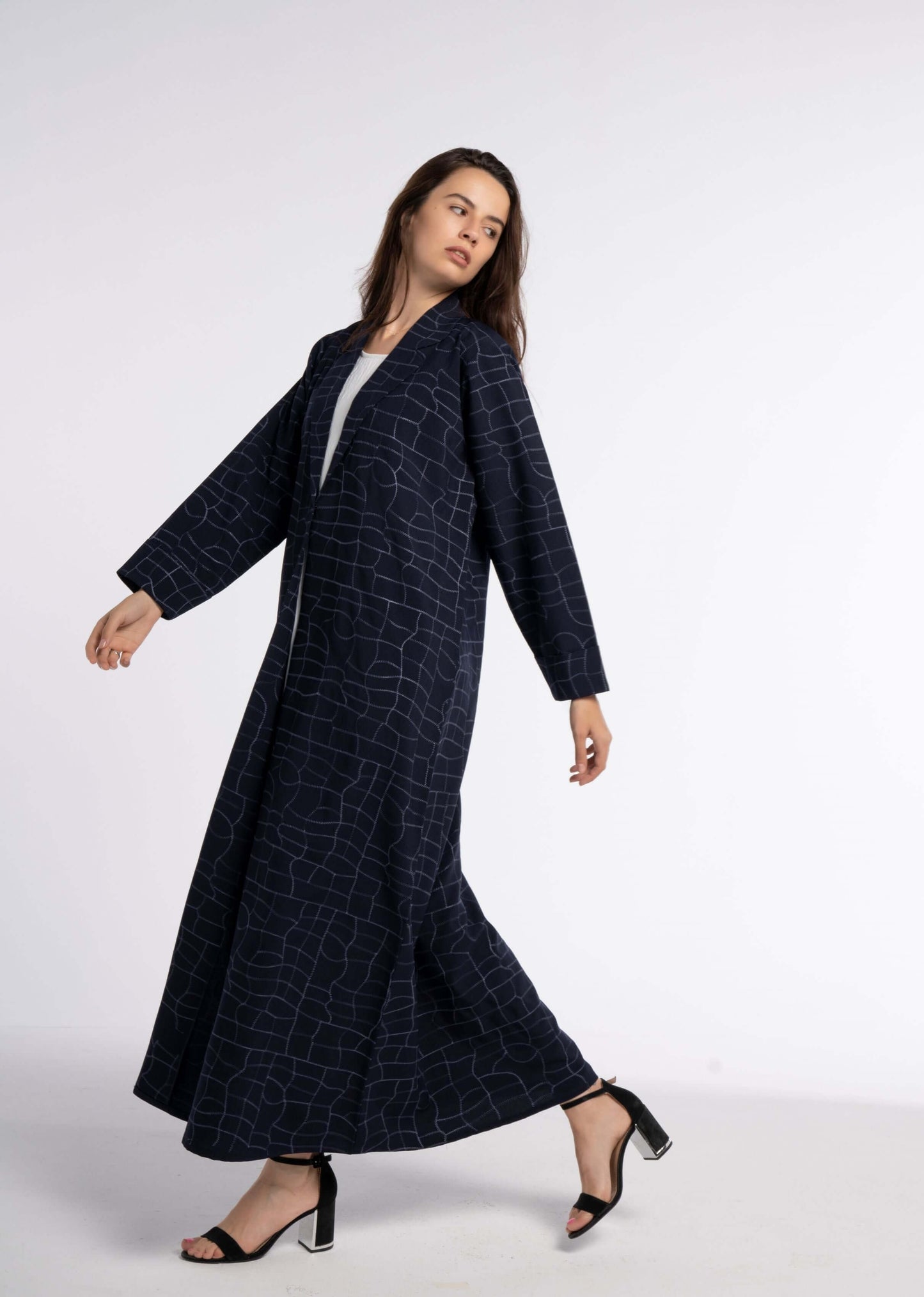 Dark Blue Colored Machine-Printed White Bisht Abaya