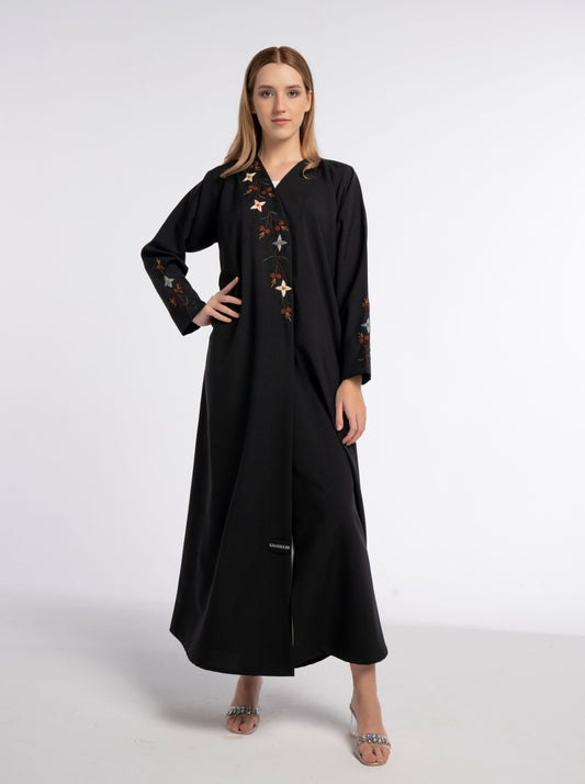 Black abaya with multi color floral embroidery 