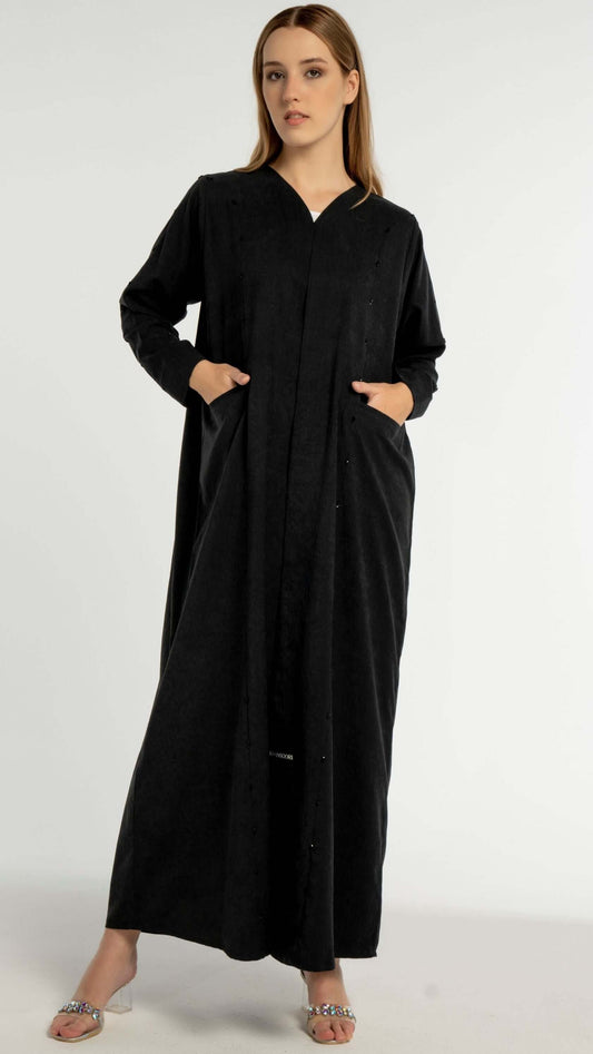 Black V-Neck Abaya with Elegant Black Beaded Embellishments and Frontal Side Pockets