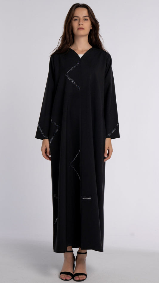 Black V-Neck Abaya with Firozi-Colored Beaded Embellishments in Triangular Patterns