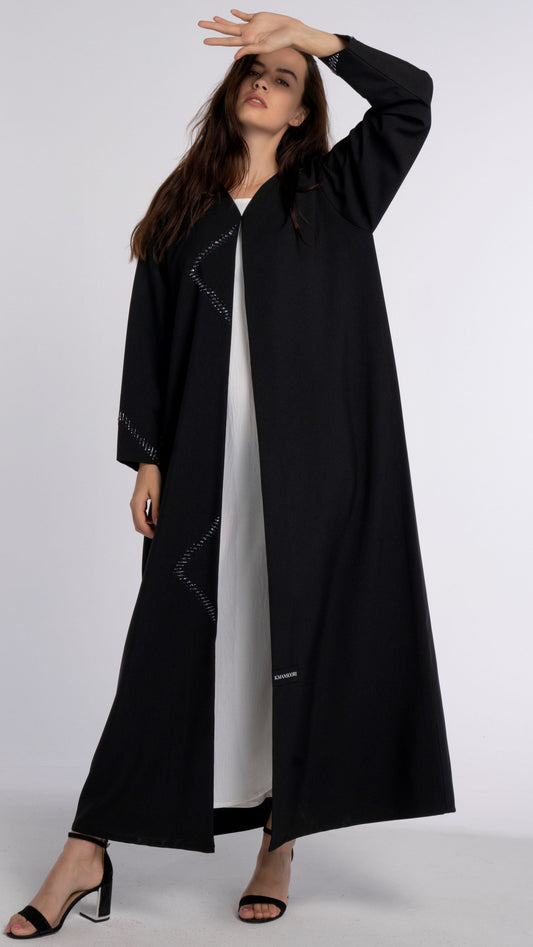 Black V-Neck Abaya with Firozi-Colored Beaded Embellishments in Triangular Patterns
