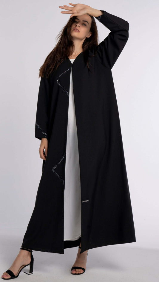 Black V-Neck Abaya with Firozi-Colored Beaded Embellishments in Triangular Patterns