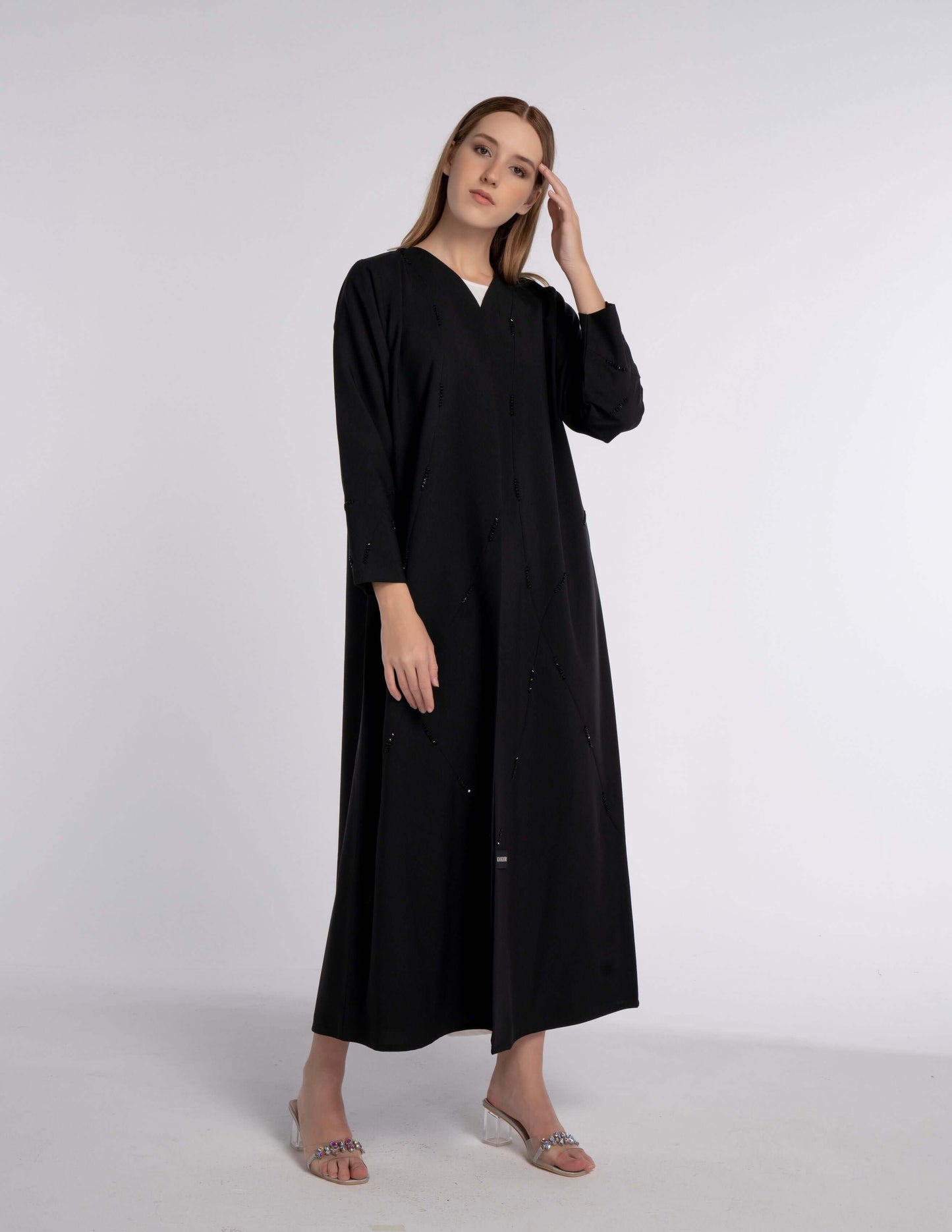 Black V-Neck Abaya with Geometric Patterned Beaded Embellishments