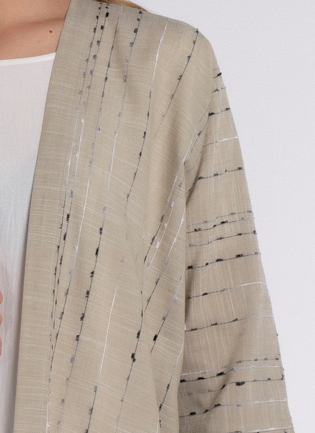 Detailed view of stripe linen bisht abaya with cut joined sleeve