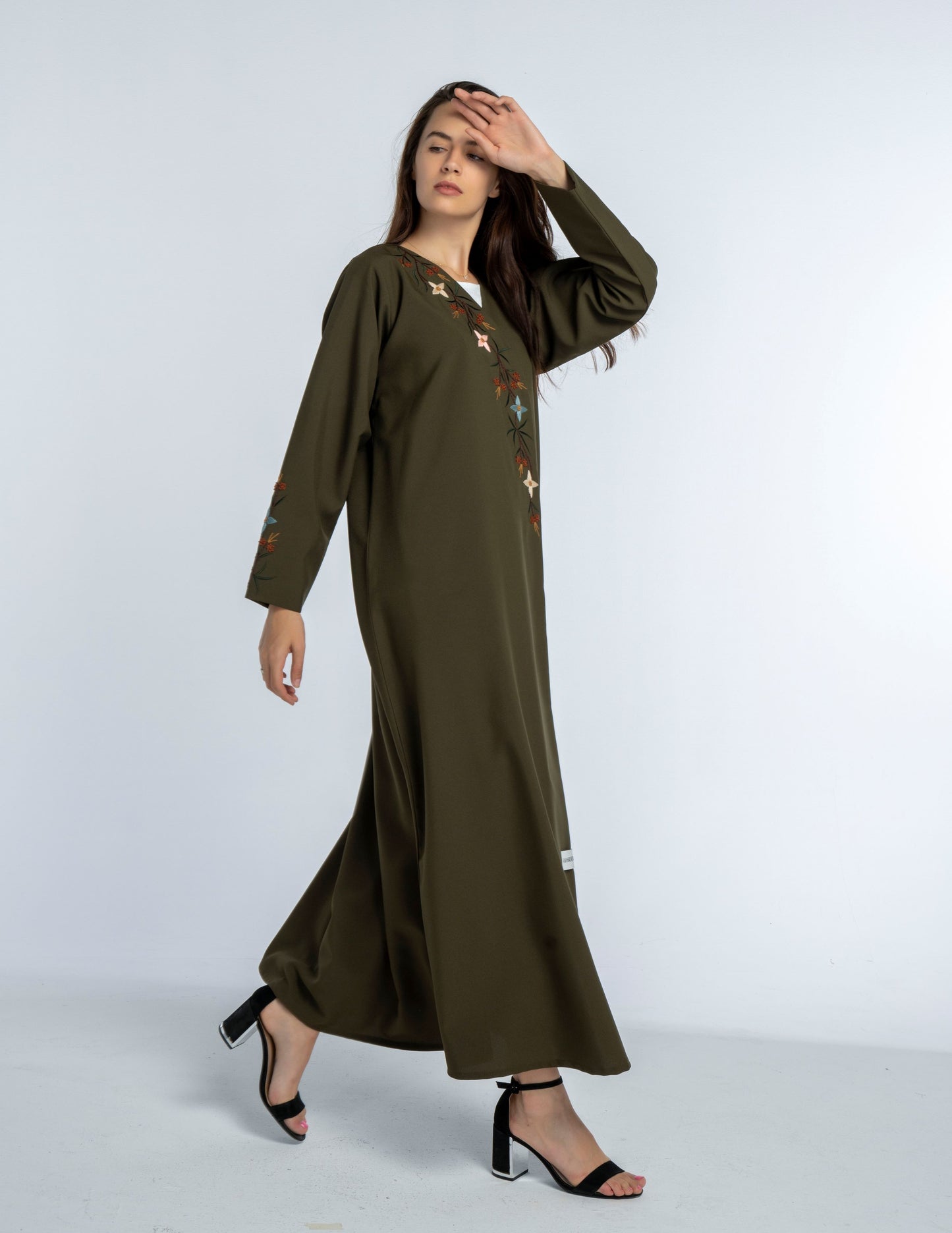 Green Overlap Abaya with Elegant and Detailed Multicolor Floral Embroidery on the Front Flap and Sleeves