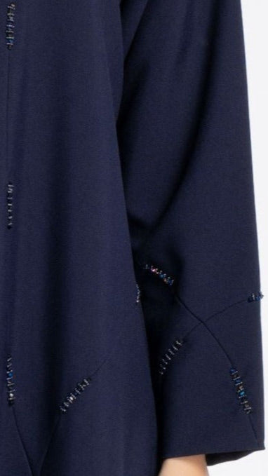 Dark Blue Colored V-Neck Abaya with Geometric Patterned Beaded Embellishments