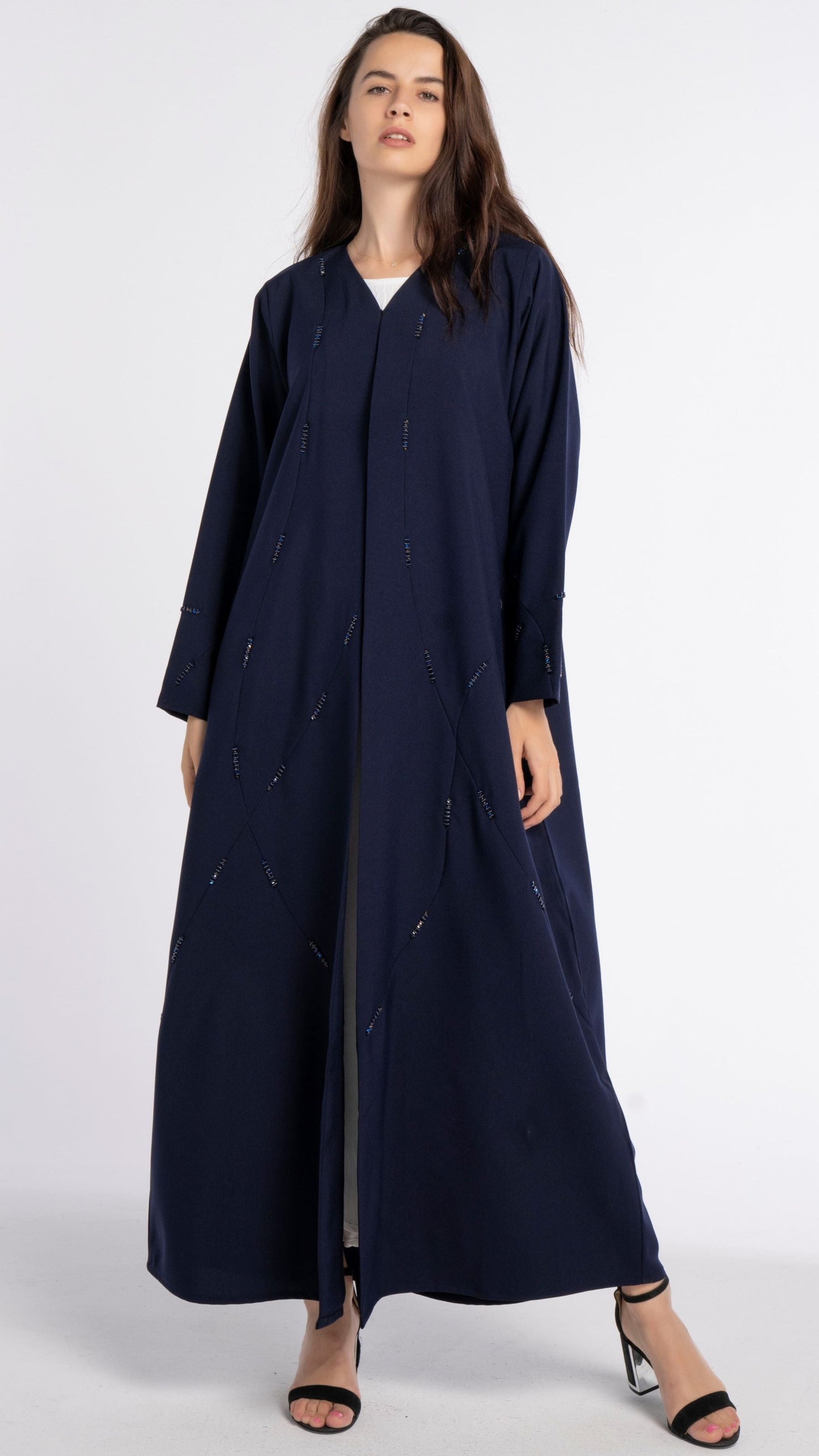 Dark Blue Colored V-Neck Abaya with Geometric Patterned Beaded Embellishments