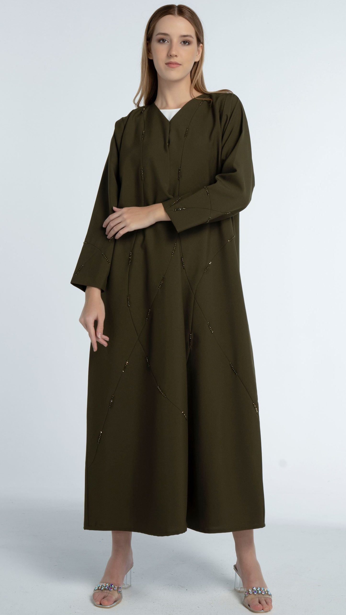 Green Colored V-Neck Abaya with Geometric Patterned Beaded Embellishments