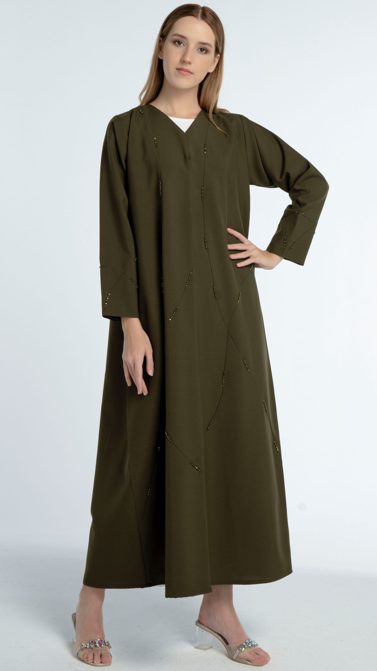 Green Colored V-Neck Abaya with Geometric Patterned Beaded Embellishments