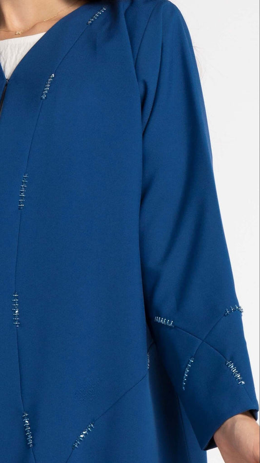 Sky Blue Colored V-Neck Abaya with Geometric Patterned Beaded Embellishments