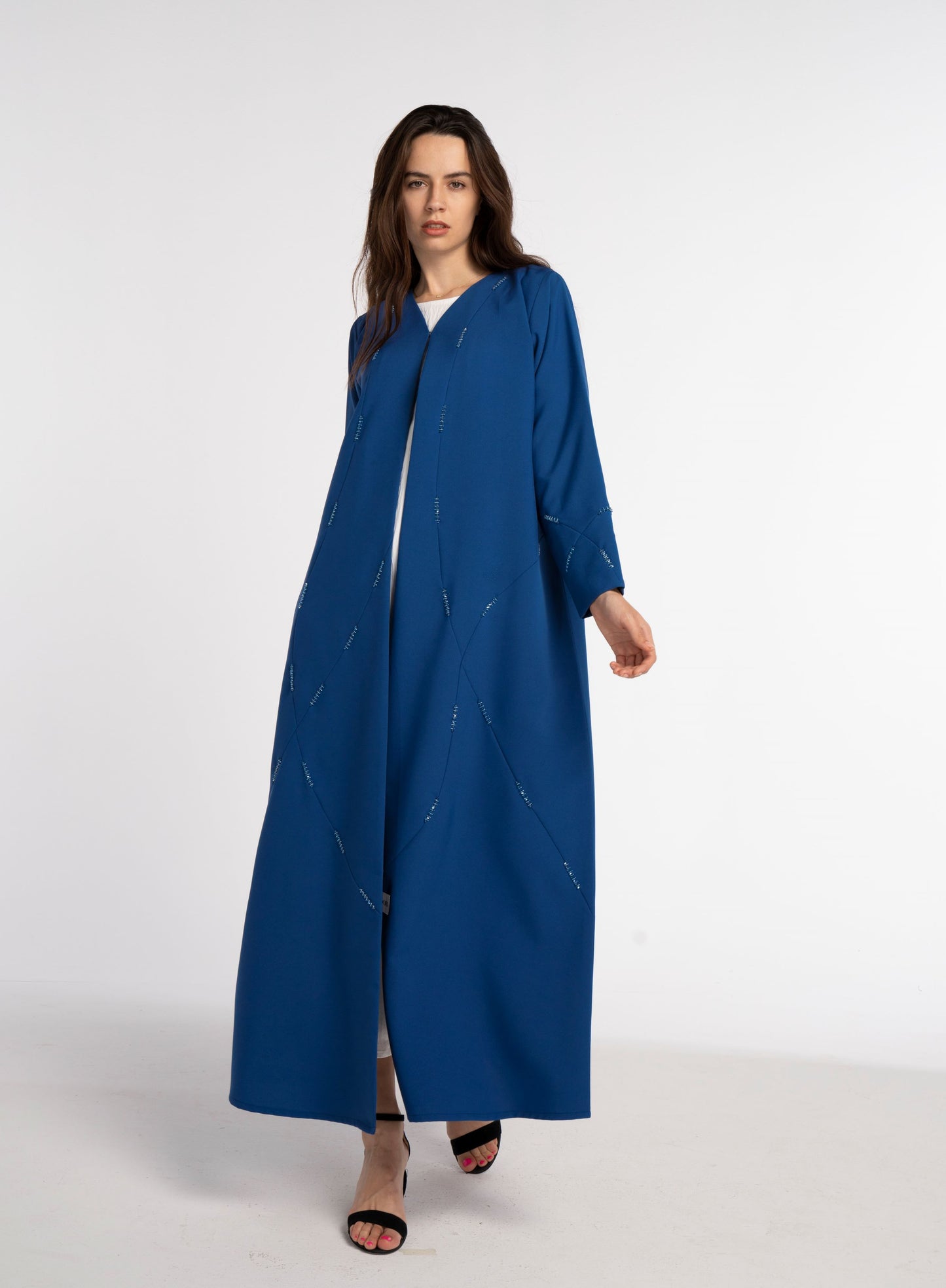 Sky Blue Colored V-Neck Abaya with Geometric Patterned Beaded Embellishments