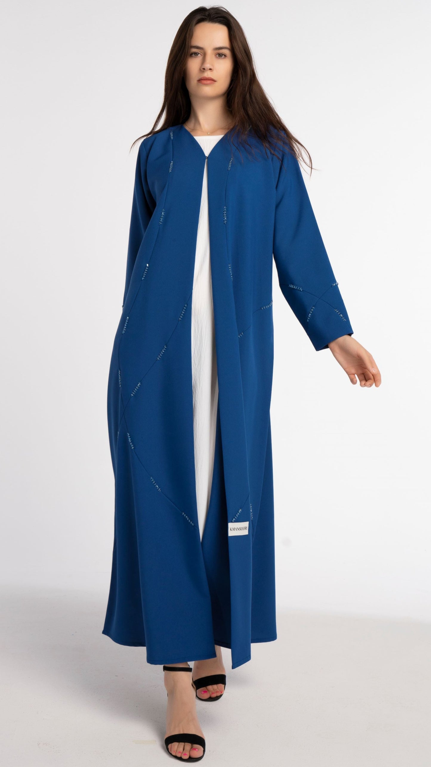 Sky Blue Colored V-Neck Abaya with Geometric Patterned Beaded Embellishments