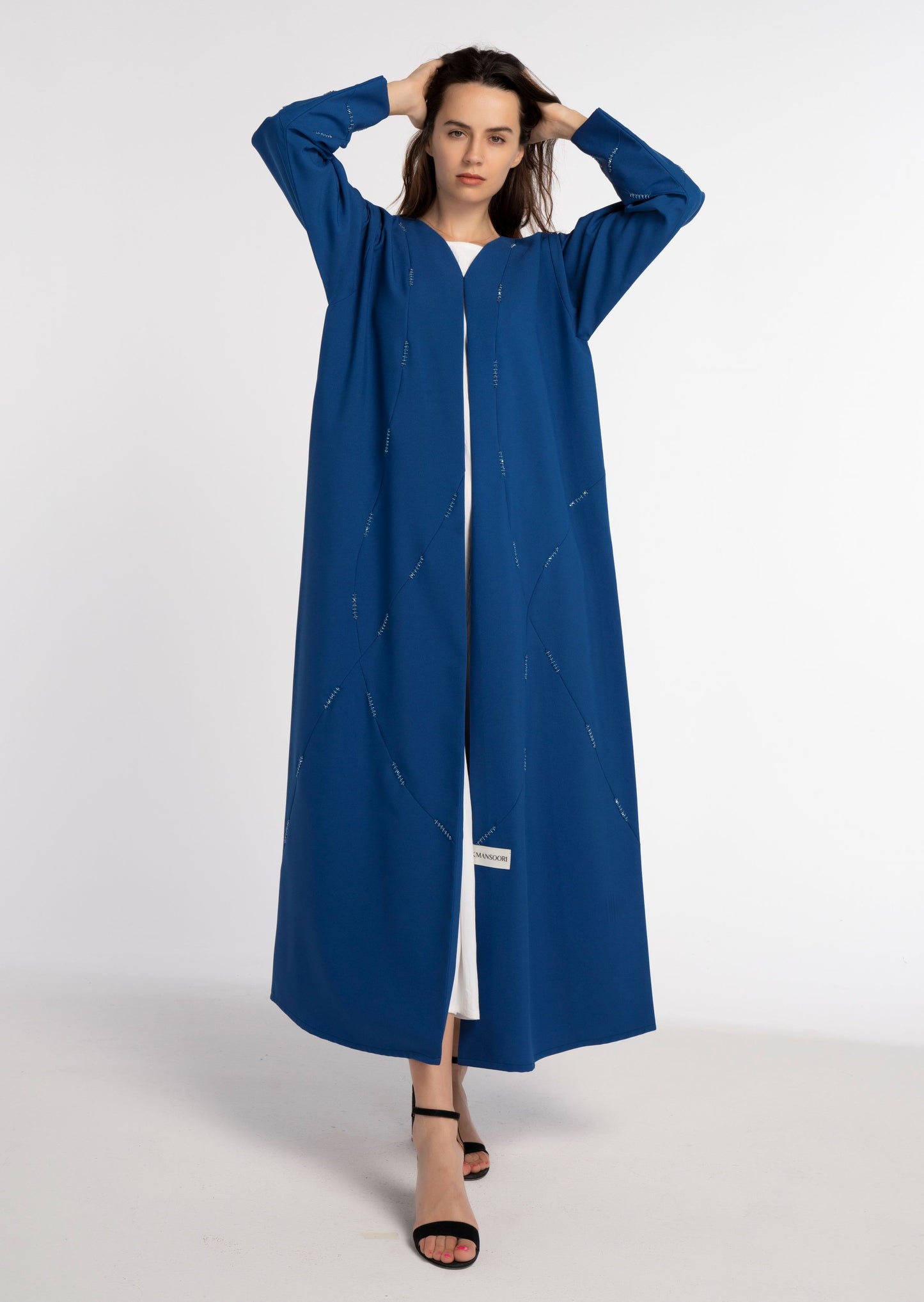 Sky Blue Colored V-Neck Abaya with Geometric Patterned Beaded Embellishments