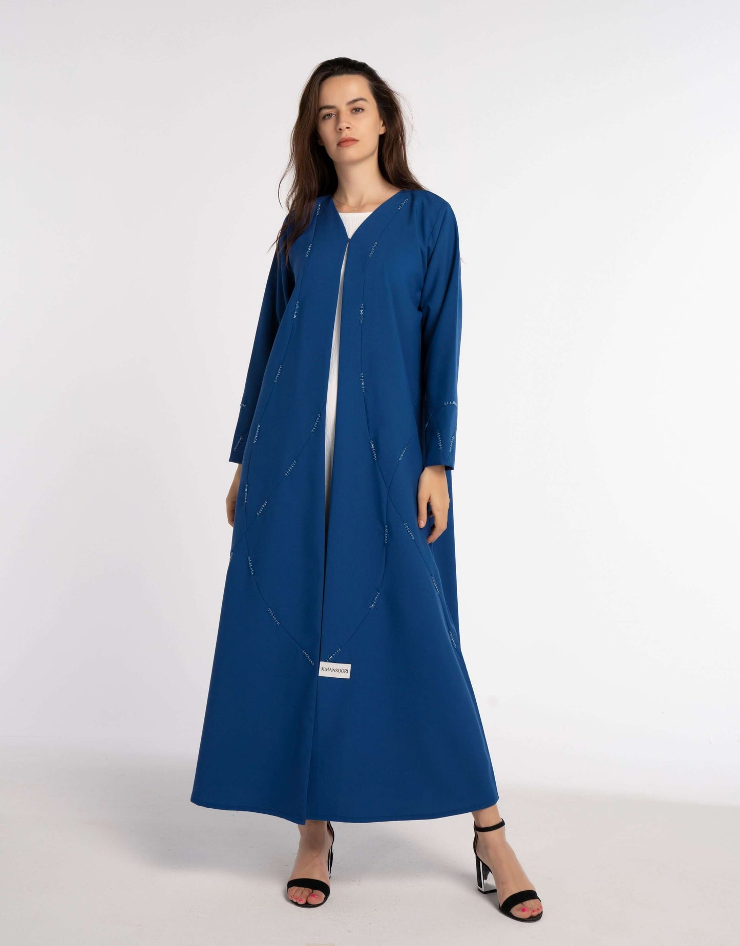 Sky Blue Colored V-Neck Abaya with Geometric Patterned Beaded Embellishments