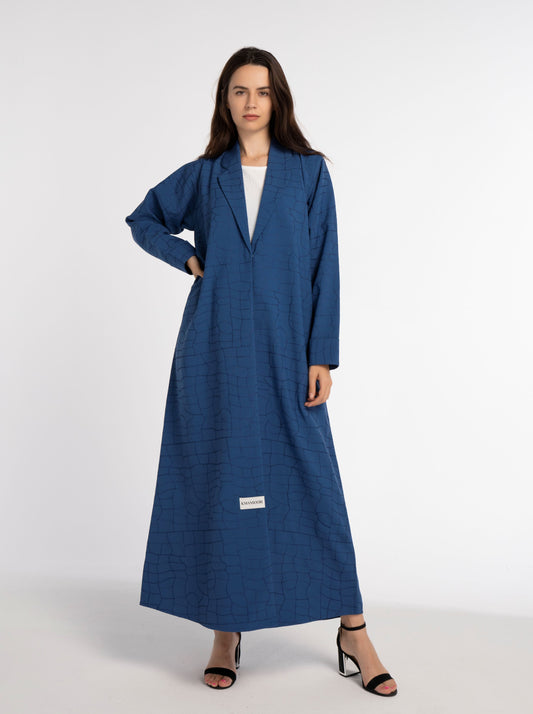 Sky blue machine printed long collar abaya with white pattern.