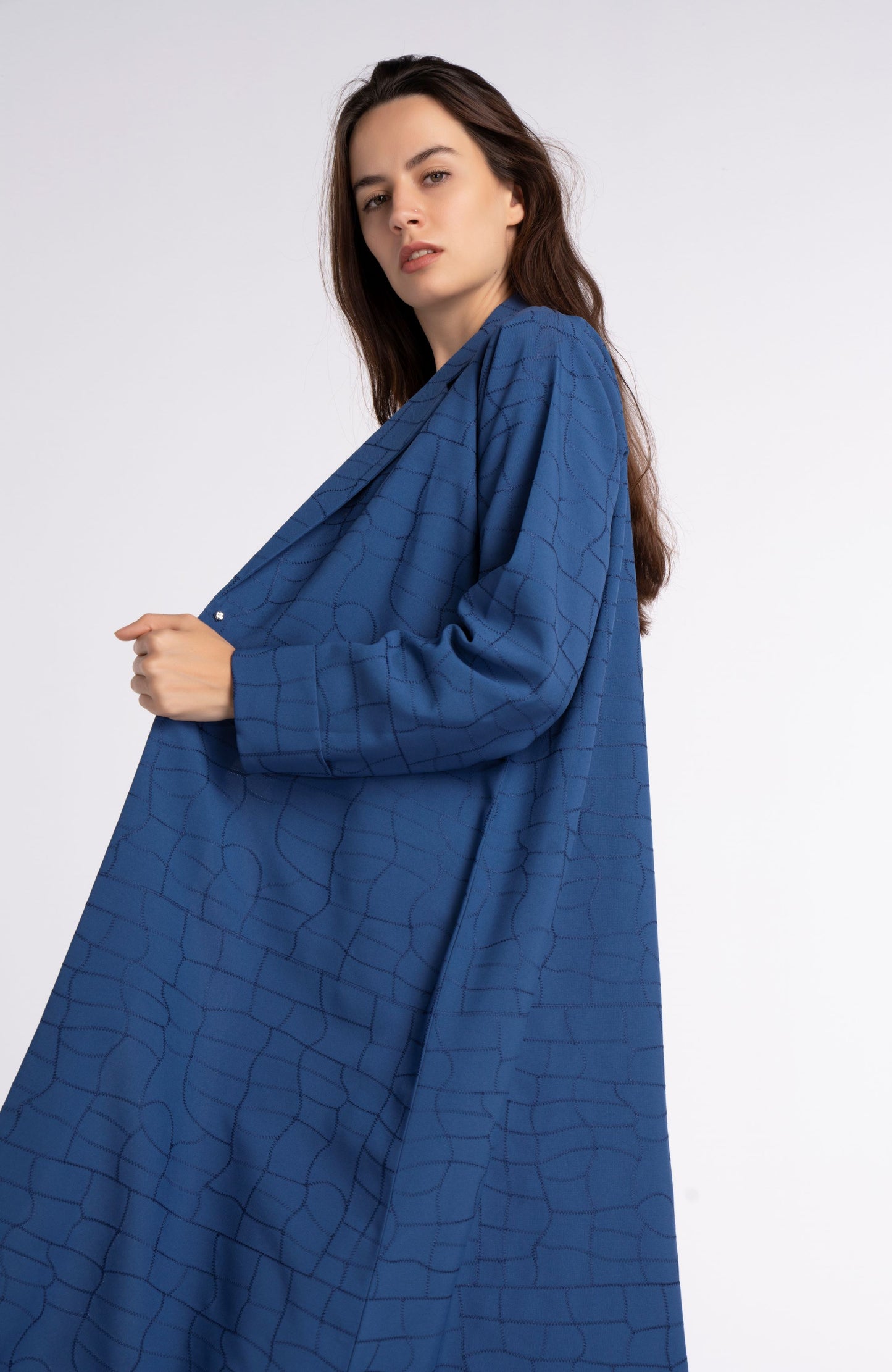 Sky blue machine-printed long collar abaya for women