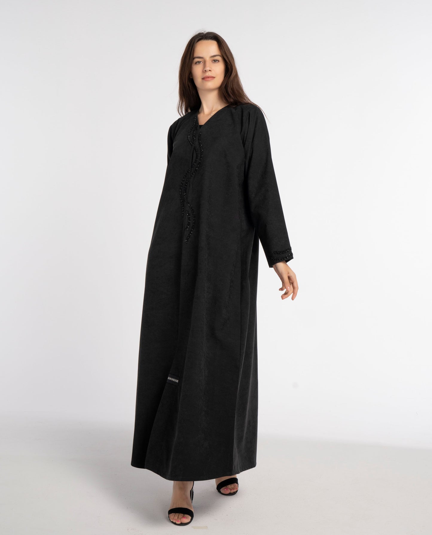 Black V-Neck Abaya with Creeper-Patterned Embellishments on Front Flap and Sleeves