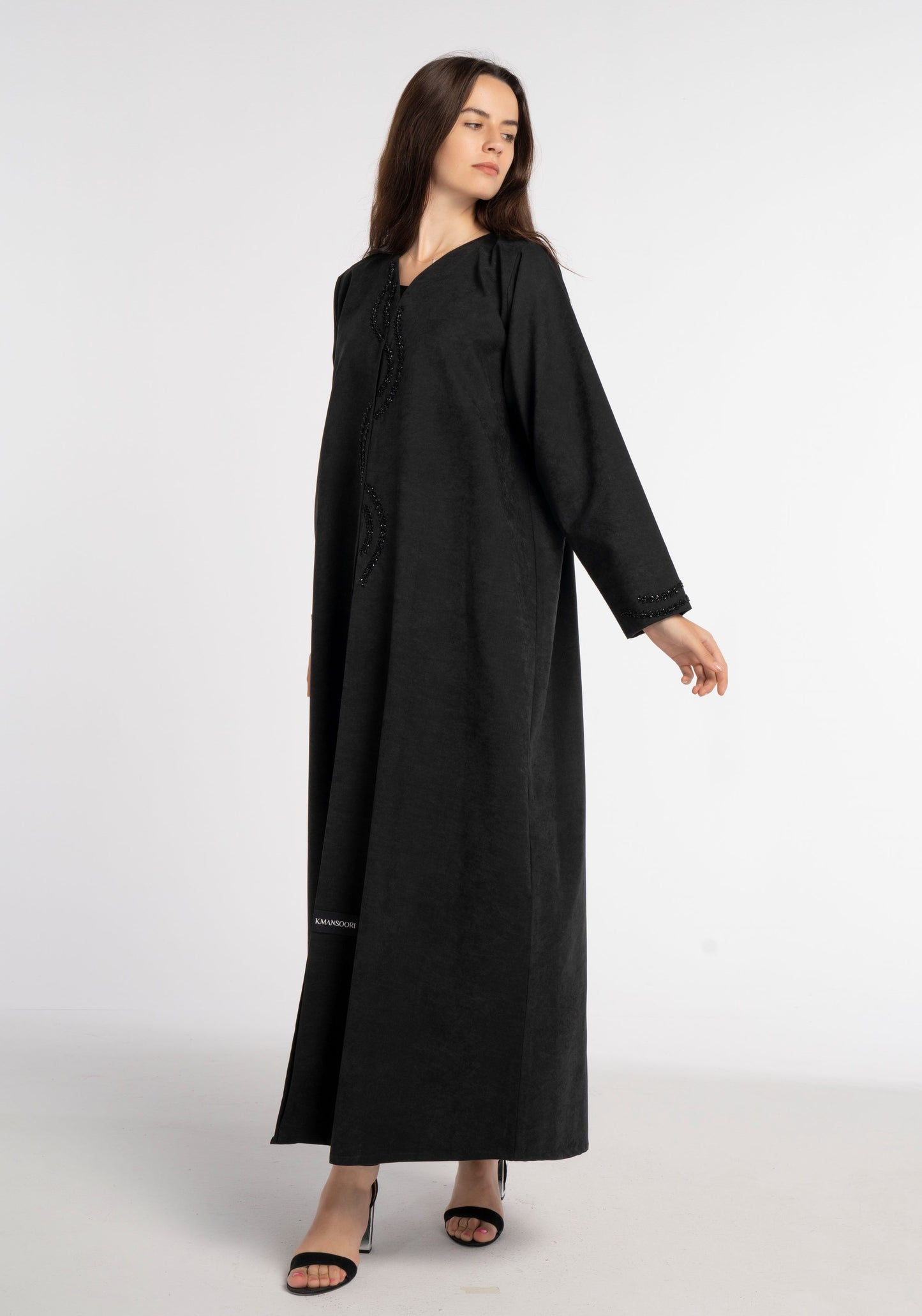 Black V-Neck Abaya with Creeper-Patterned Embellishments on Front Flap and Sleeves