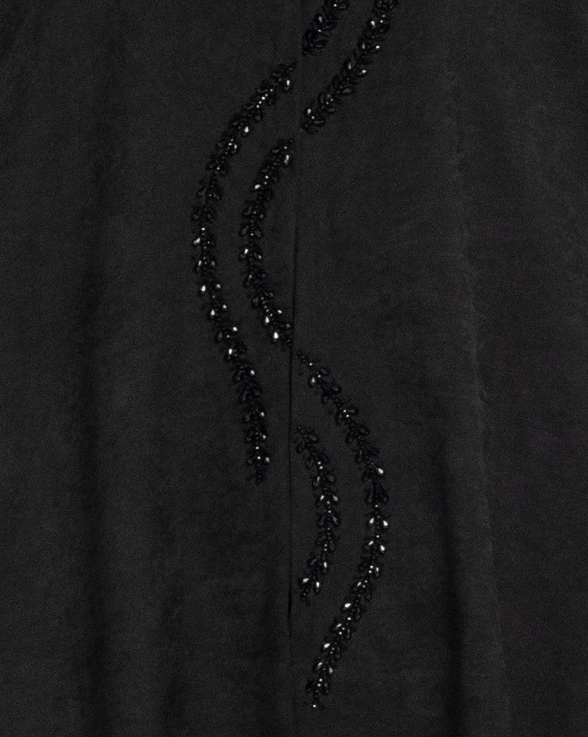 Black V-Neck Abaya with Creeper-Patterned Embellishments on Front Flap and Sleeves