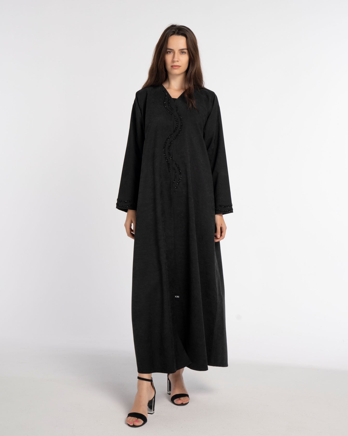 Black V-Neck Abaya with Creeper-Patterned Embellishments on Front Flap and Sleeves