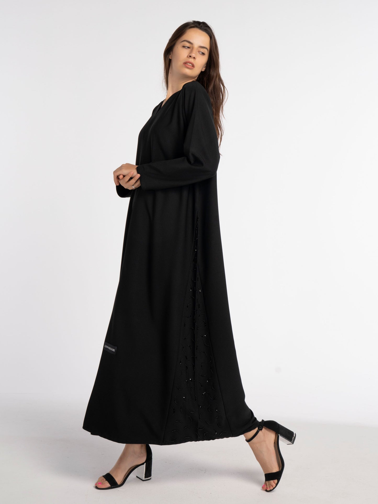 Black V-Neck Abaya with Curve-Shaped Tiny Embellishments on Sides
