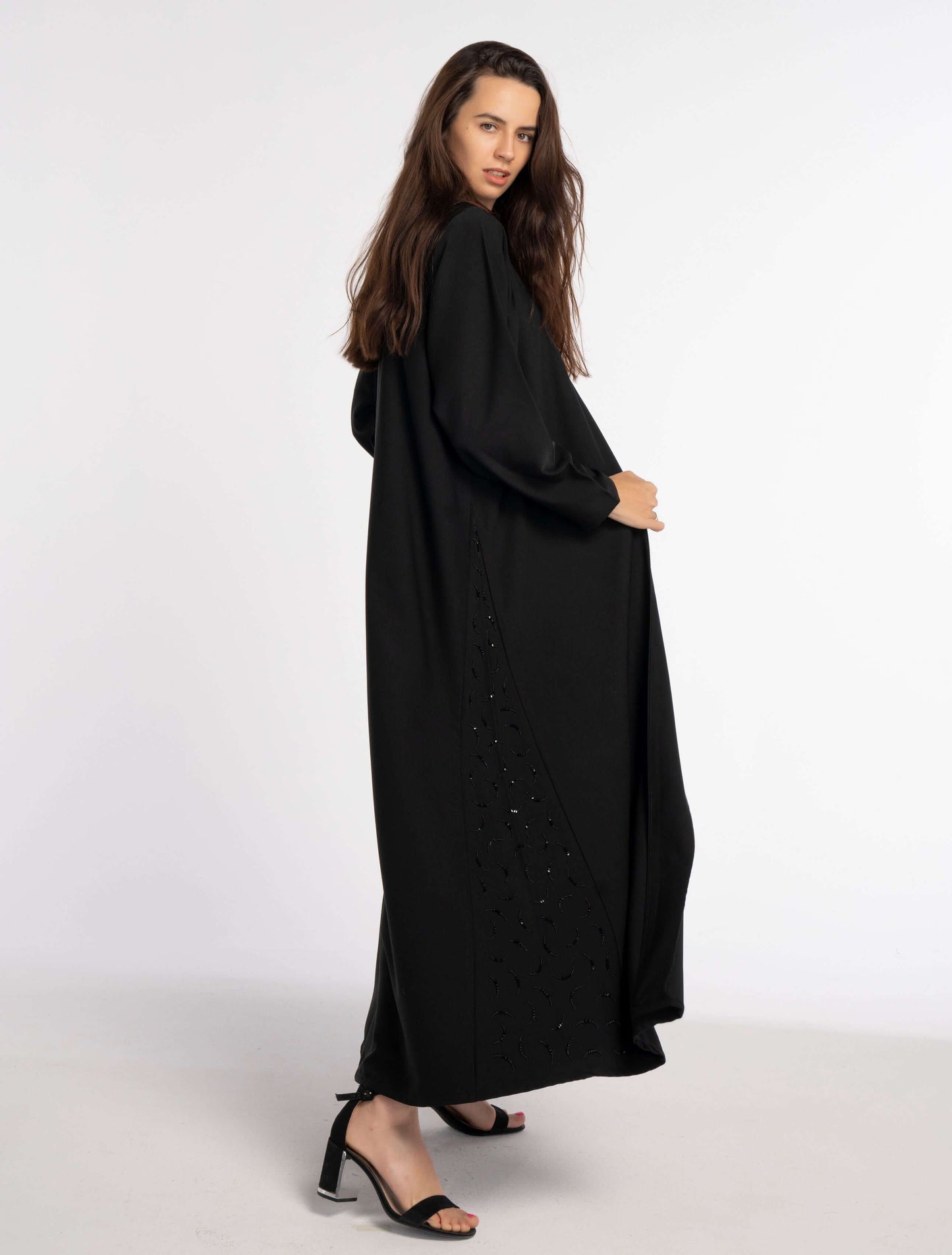 Black V-Neck Abaya with Curve-Shaped Tiny Embellishments on Sides
