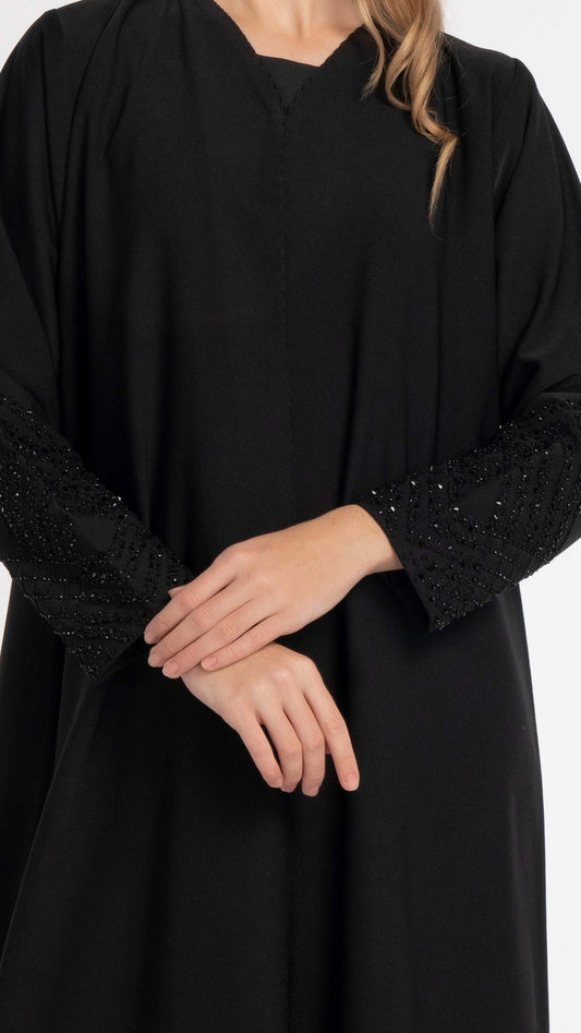Black V-Neck Abaya with Triangular Intersecting Embellishment on Sleeves