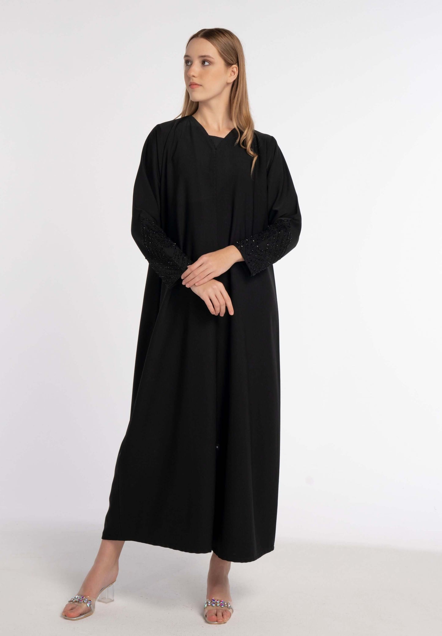 Black V-Neck Abaya with Triangular Intersecting Embellishment on Sleeves