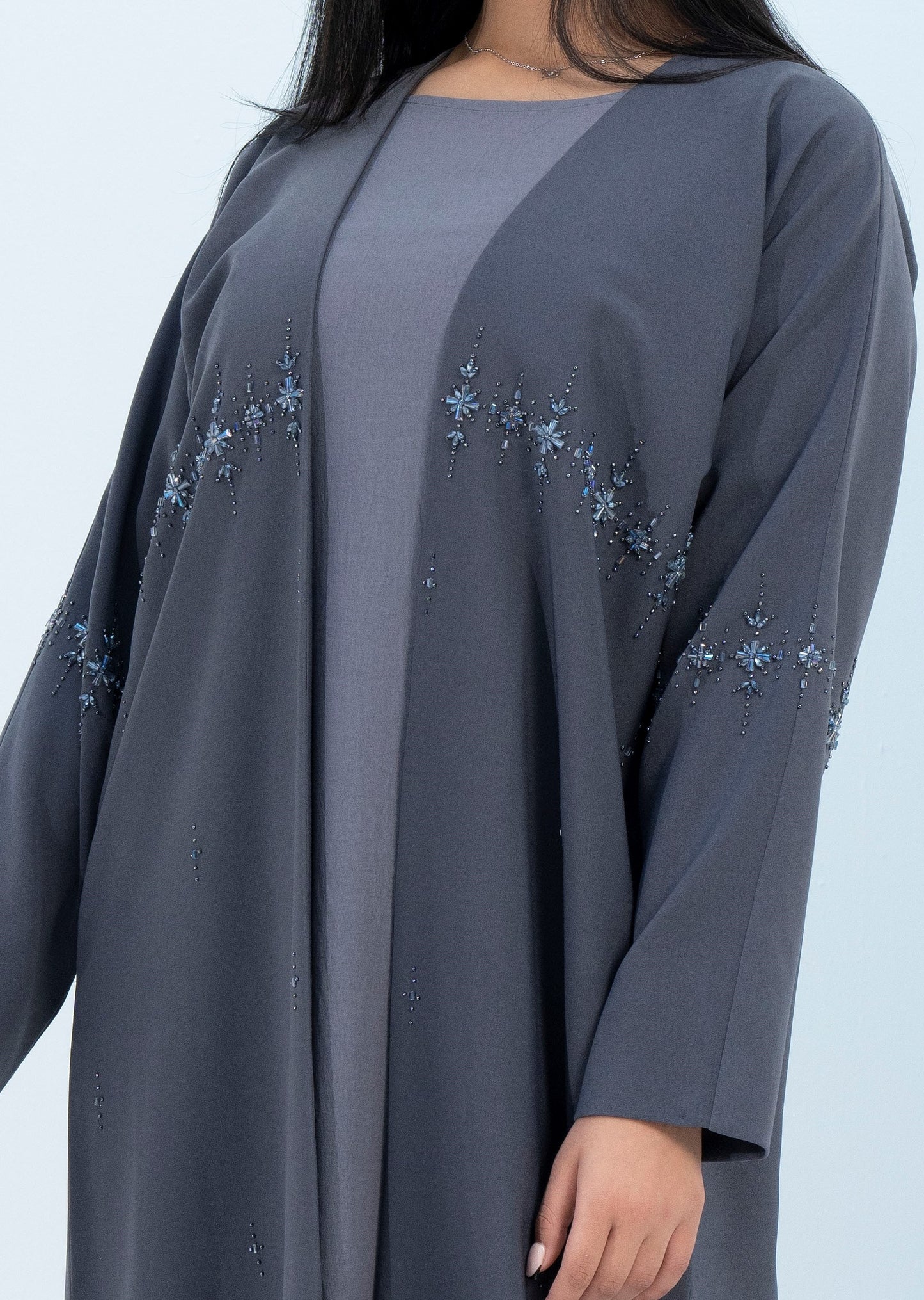 Grey Colored Bisht Abaya with Star Sparkling Embellishments on Front Line Extending to Sleeves