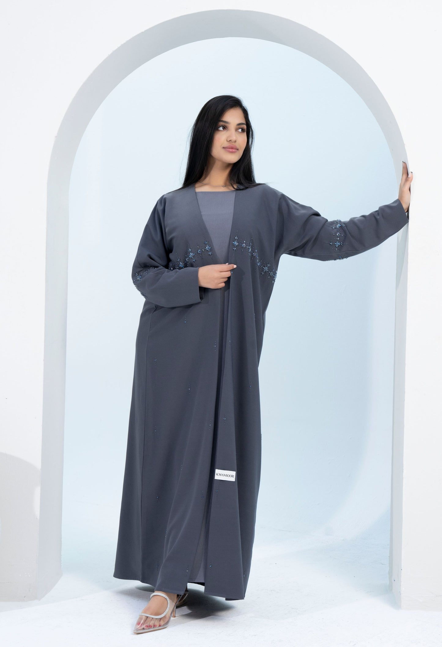 Grey Colored Bisht Abaya with Star Sparkling Embellishments on Front Line Extending to Sleeves
