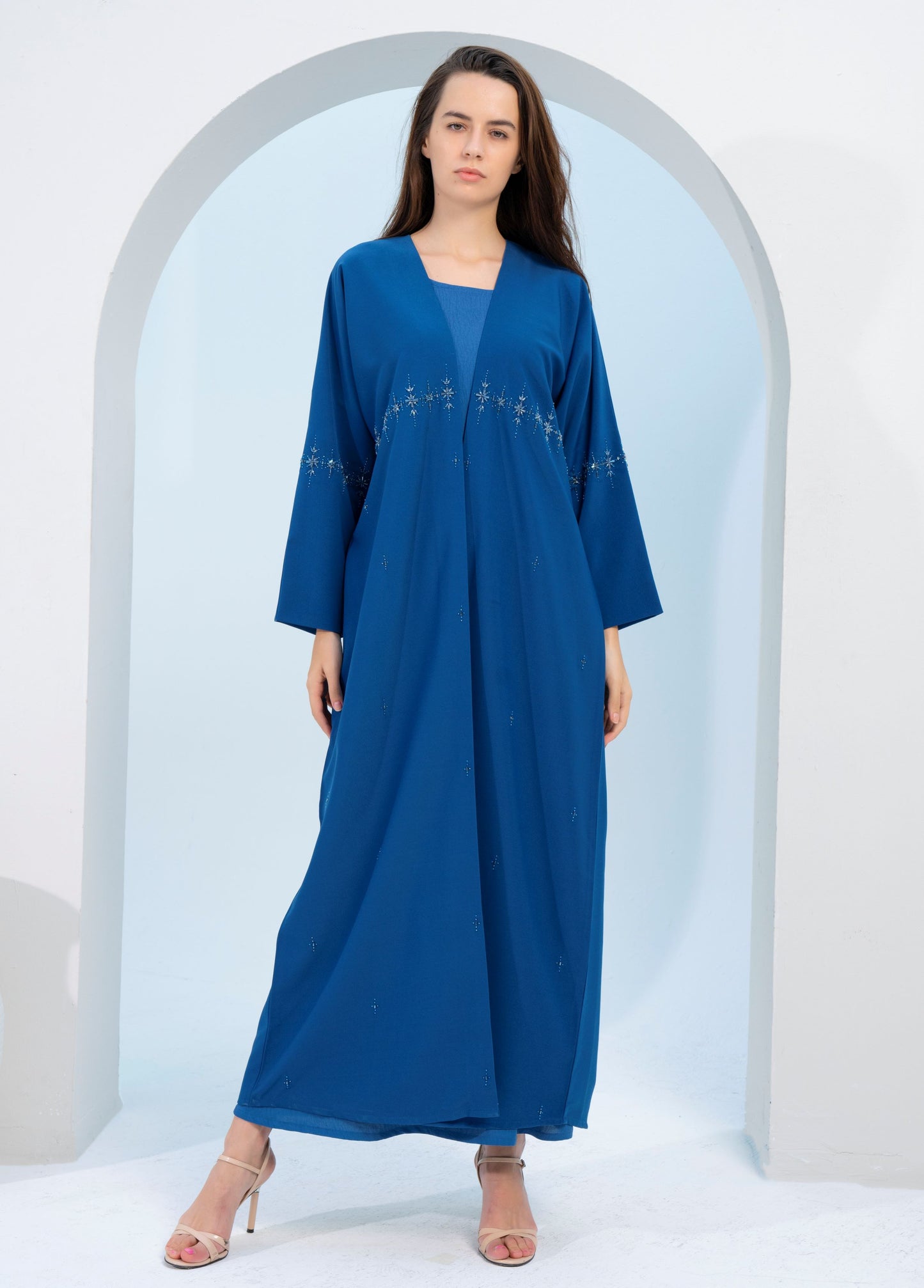 Sky Blue Colored Bisht Abaya with Star Sparkling Embellishments on Front Line Extending to Sleeves