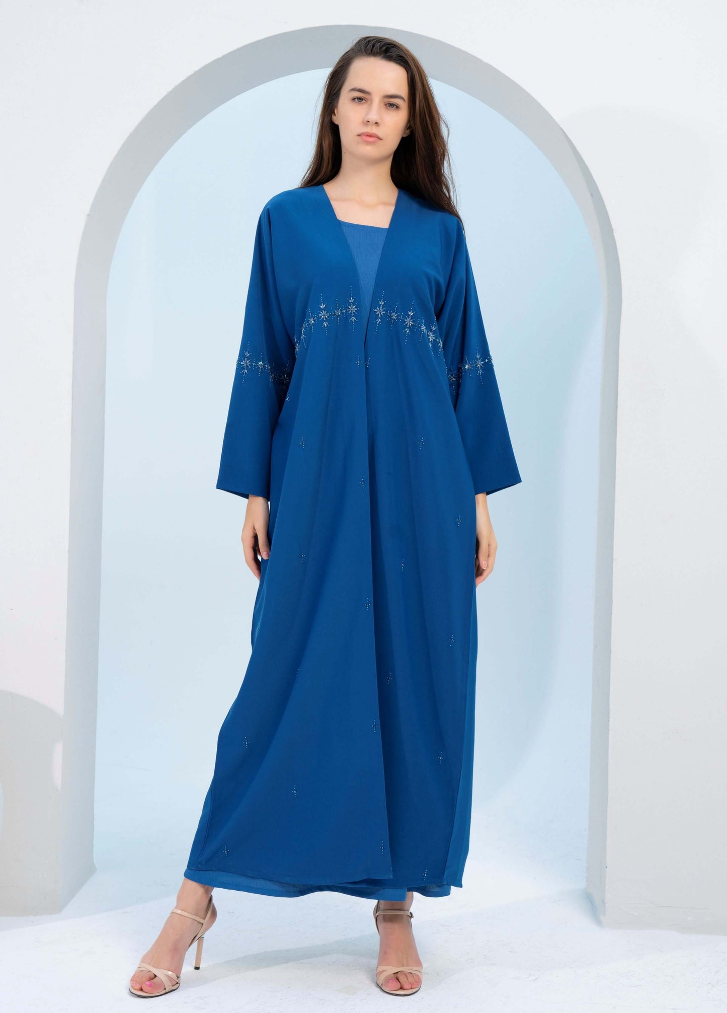 Sky Blue Colored Bisht Abaya with Star Sparkling Embellishments on Front Line Extending to Sleeves