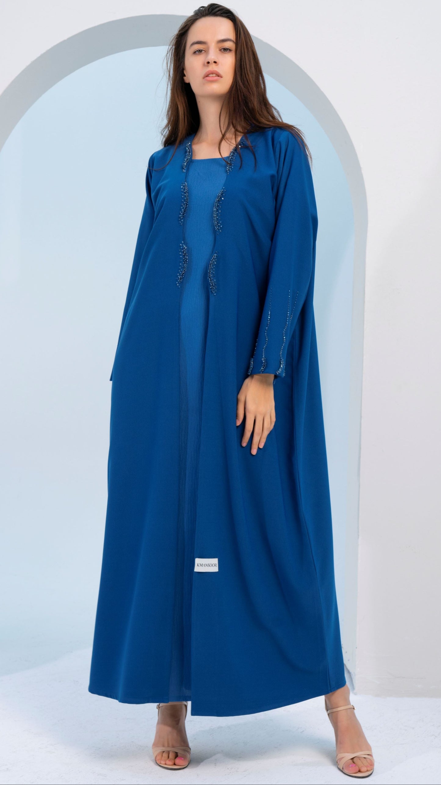 Sky Blue Bisht Abaya with Curve Cut Embellishments on Flap and Sleeves