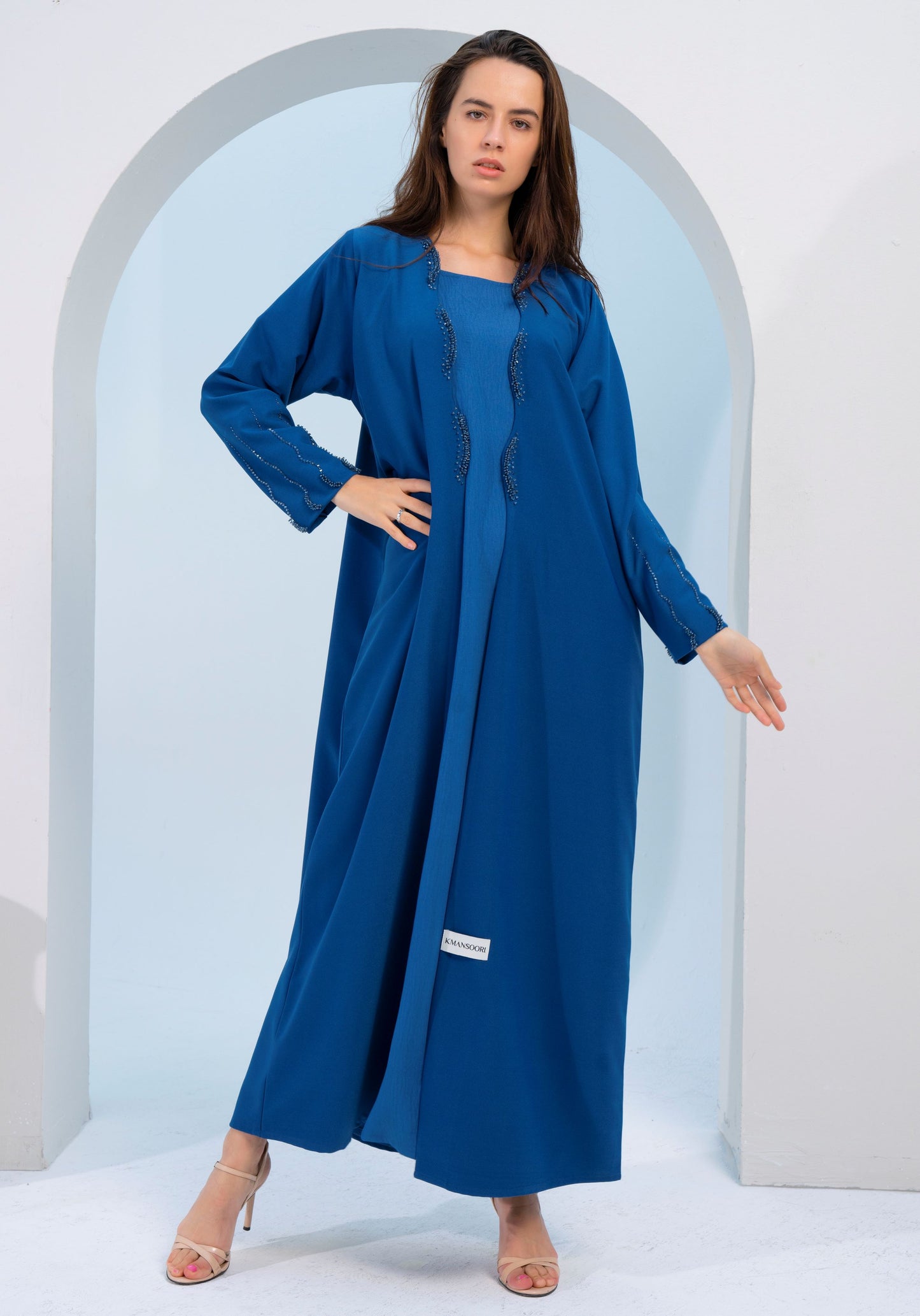 Sky Blue Bisht Abaya with Curve Cut Embellishments on Flap and Sleeves