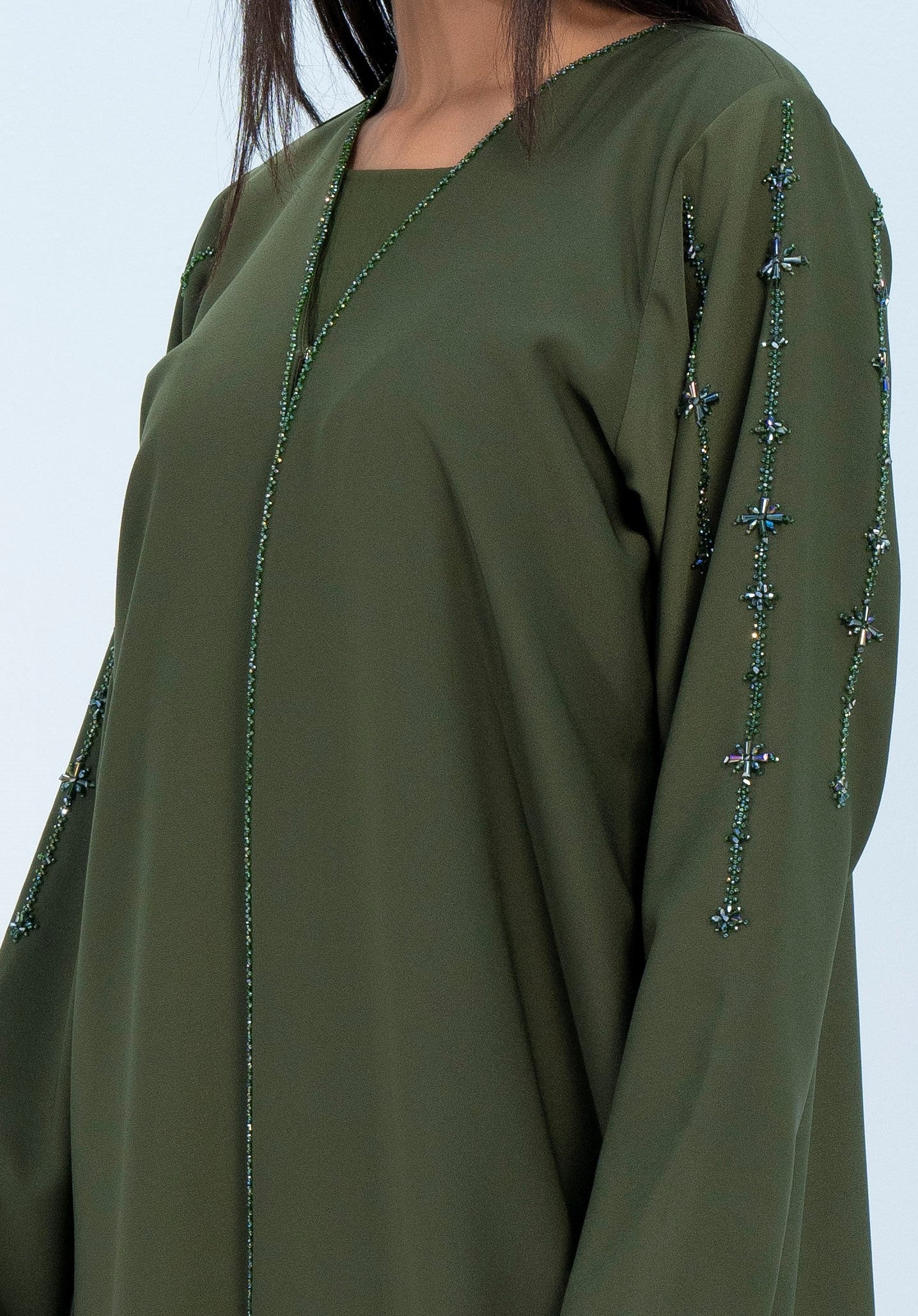 Green V-Neck Abaya with Star Line Embellishments on Sleeves and Flap