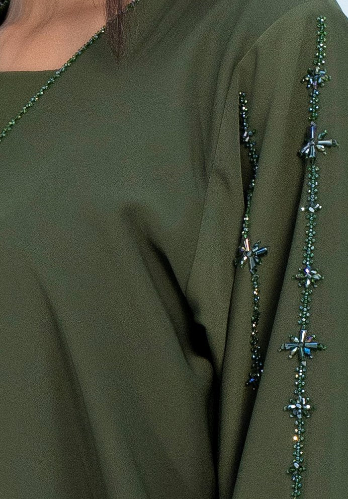 Green V-Neck Abaya with Star Line Embellishments on Sleeves and Flap