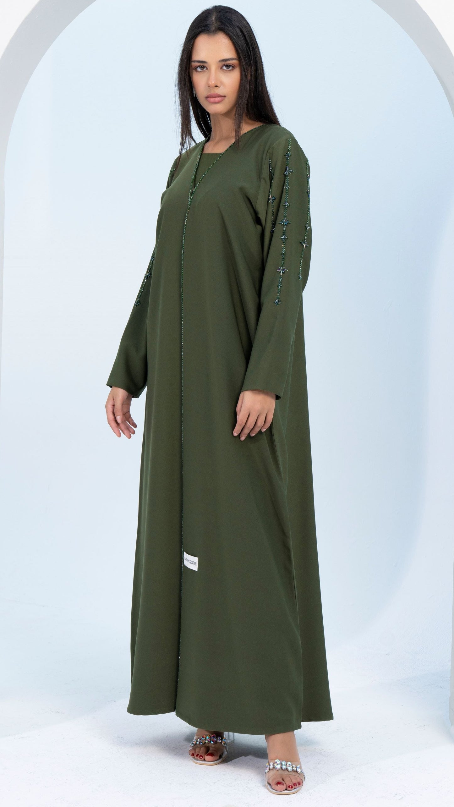 Green V-Neck Abaya with Star Line Embellishments on Sleeves and Flap