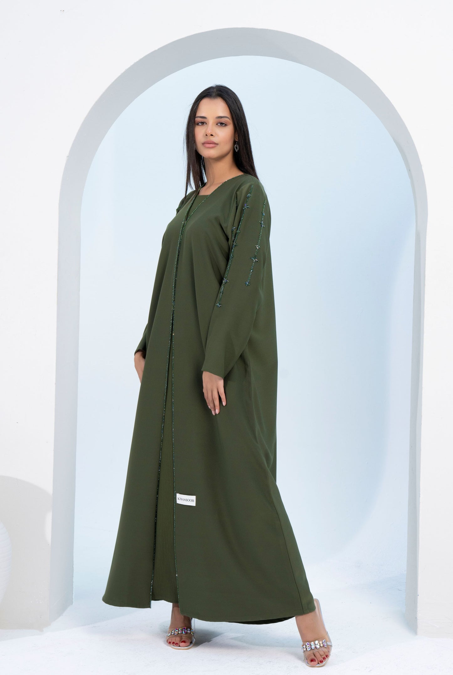 Green V-Neck Abaya with Star Line Embellishments on Sleeves and Flap
