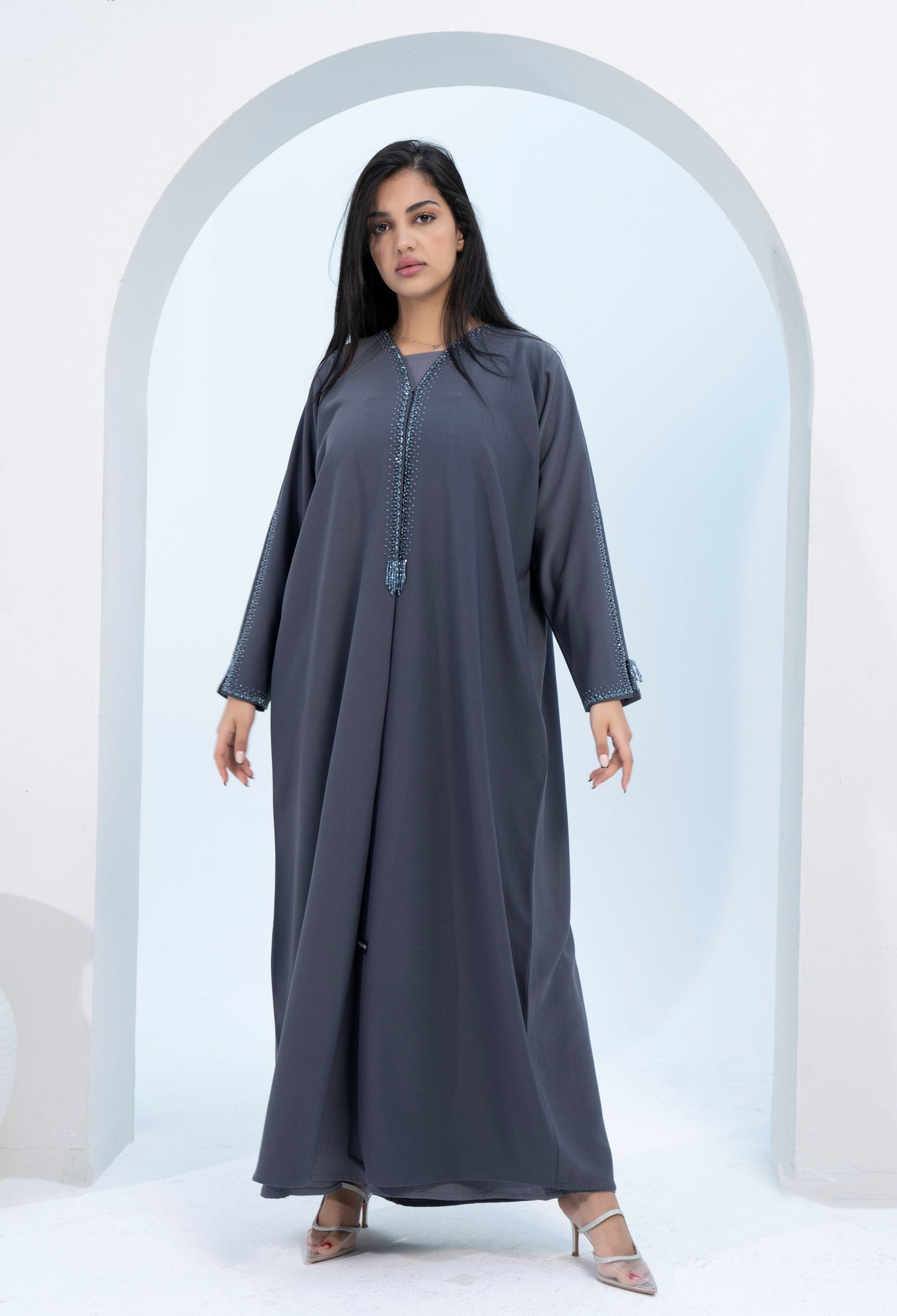 Grey Colored V-Neck Abaya with Stunning Embellishments on Front Top Half and Sleeves