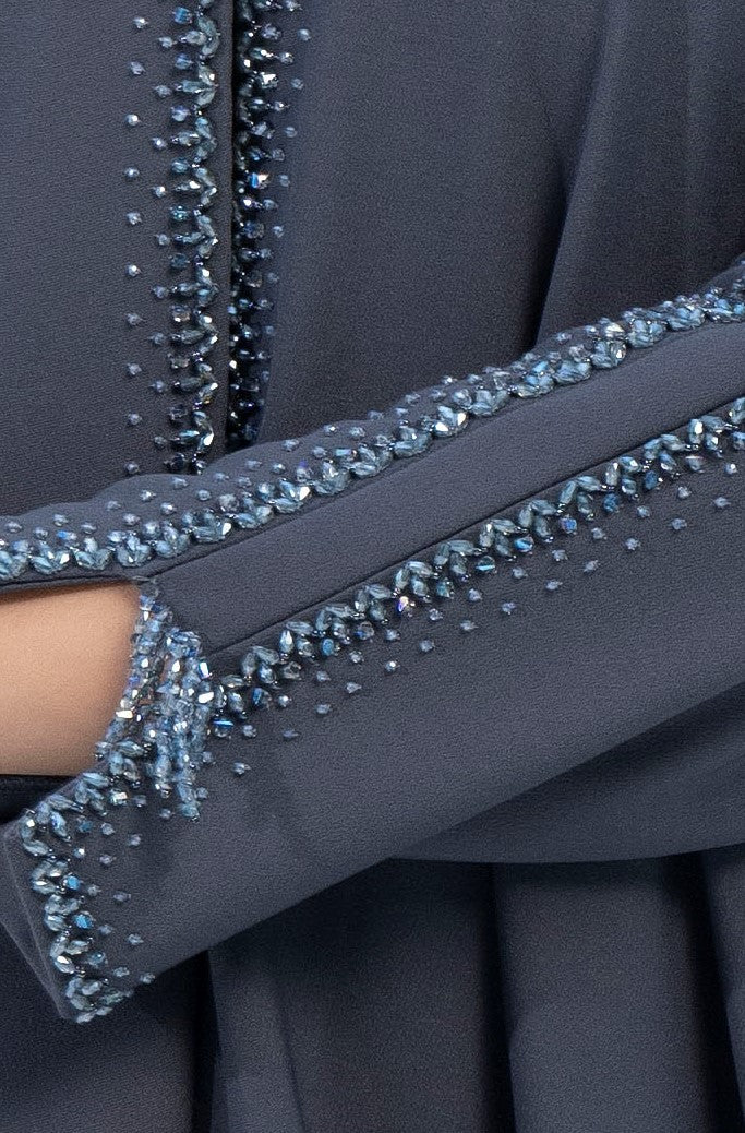 Grey Colored V-Neck Abaya with Stunning Embellishments on Front Top Half and Sleeves