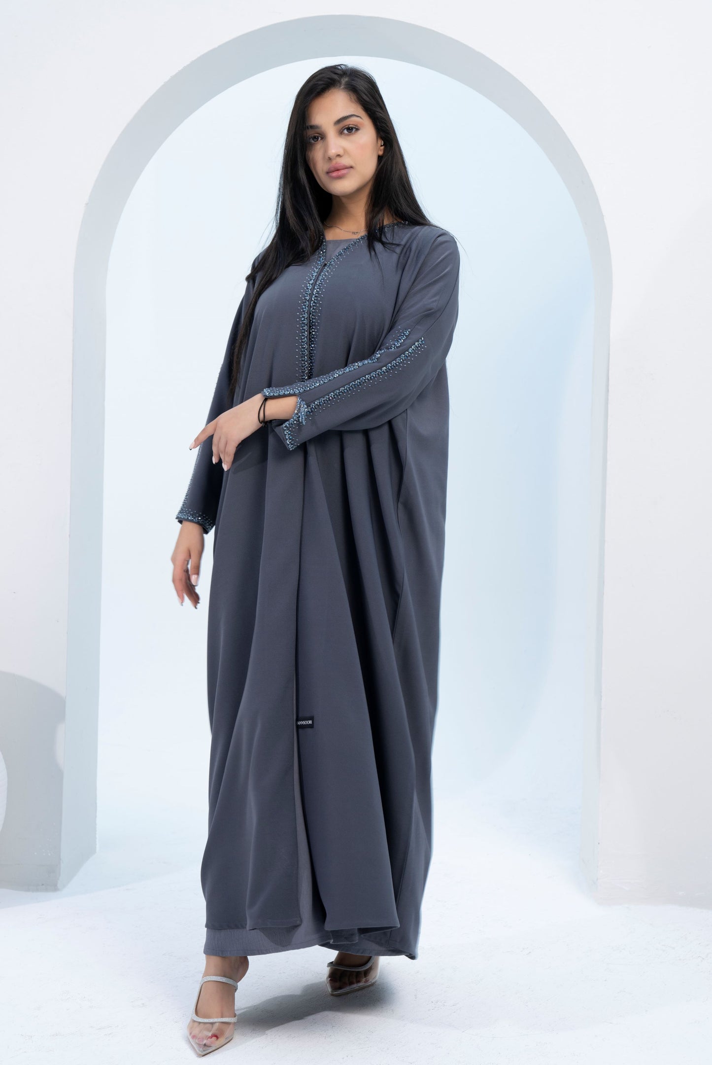 Grey Colored V-Neck Abaya with Stunning Embellishments on Front Top Half and Sleeves