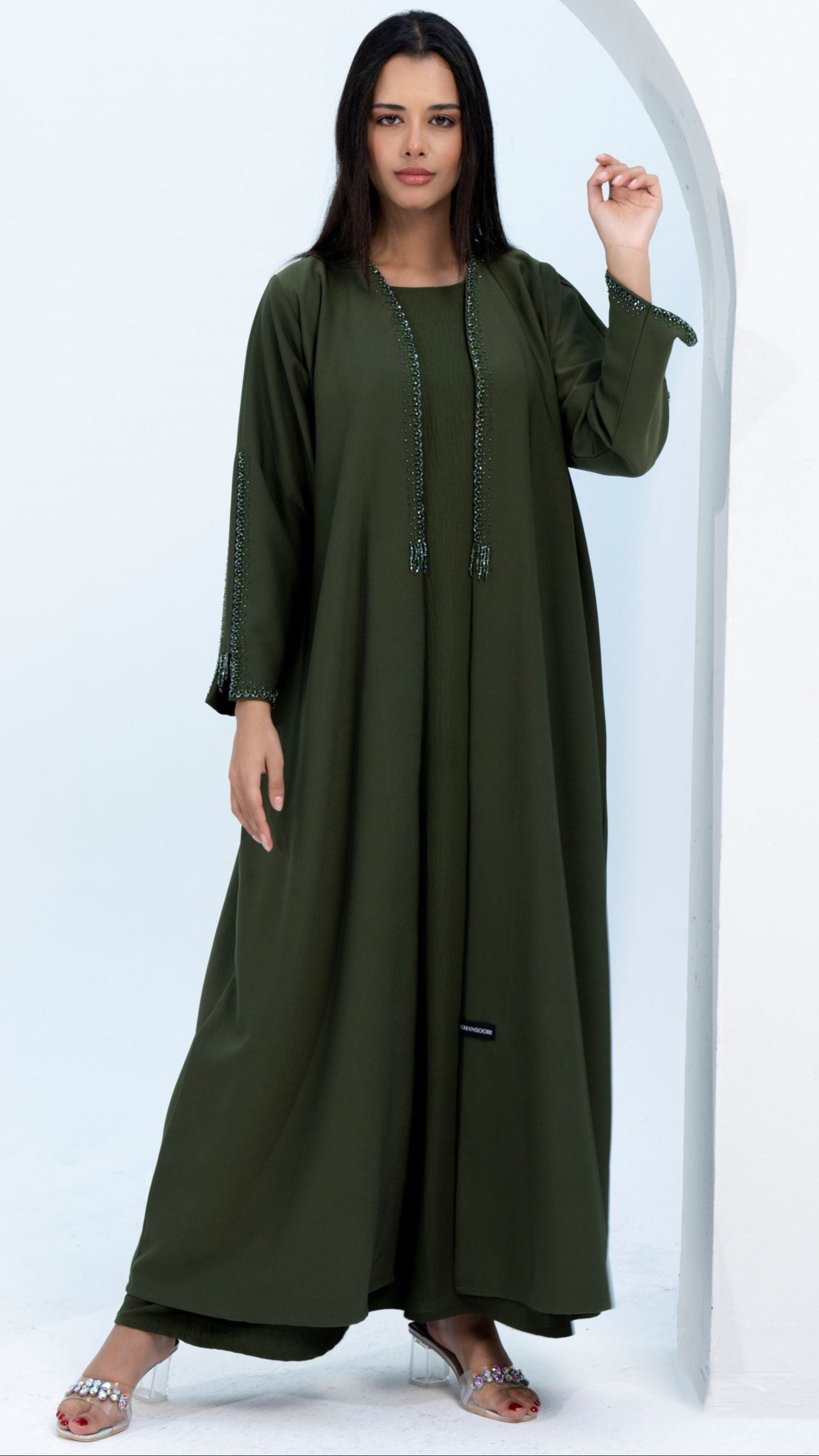 Green Colored V-Neck Abaya with Stunning Embellishments on Front Top Half and Sleeves