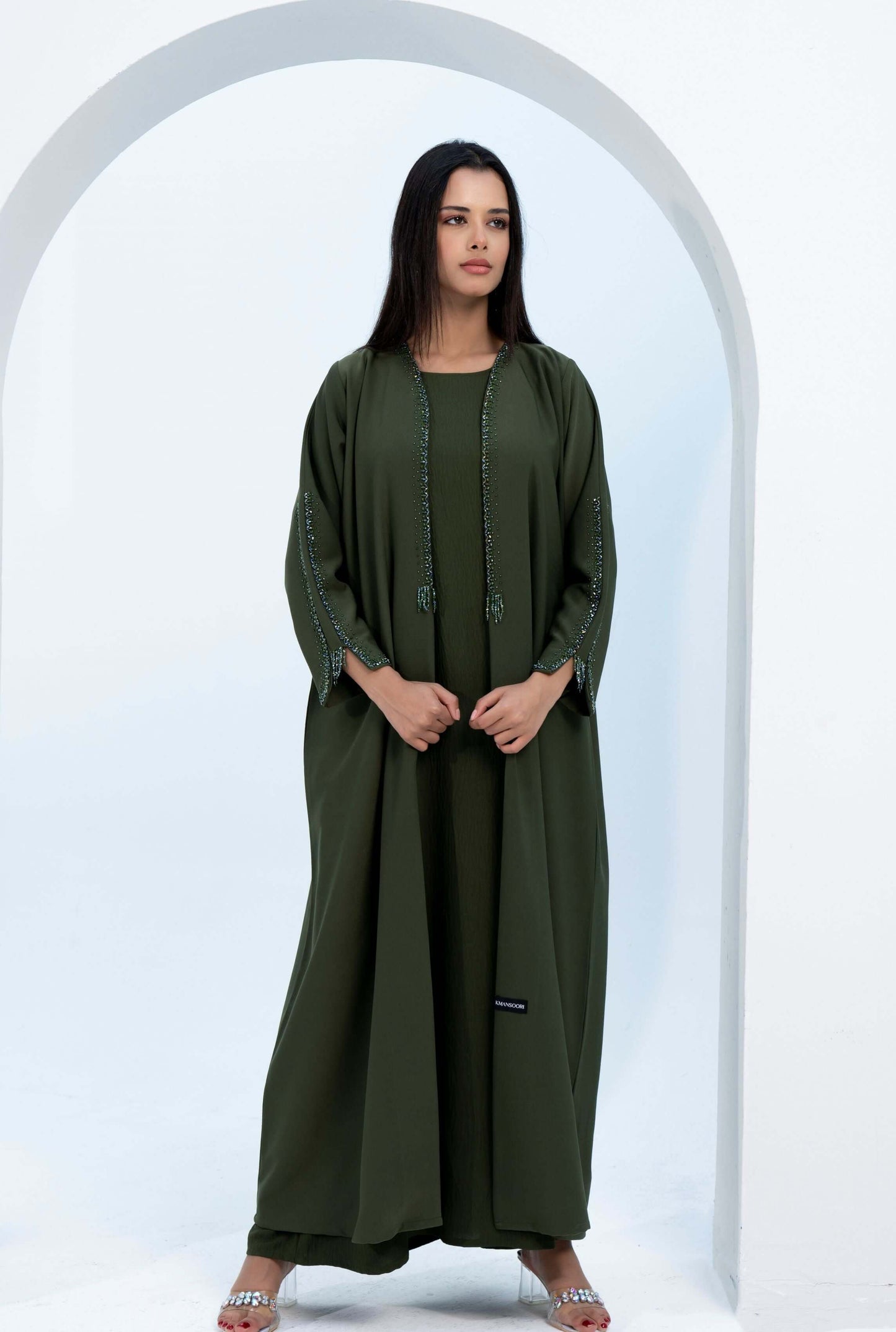 Green V-Neck Abaya Adorned with Exquisite Front and Sleeve Embellishments