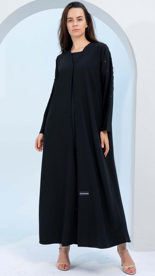 Black V-Neck Abaya with Star Line Embellishments on Sleeves and Flap