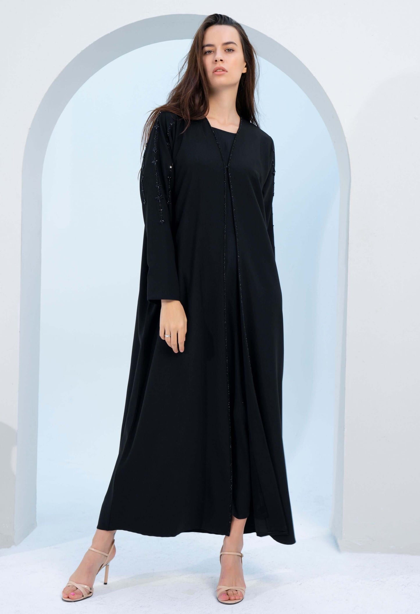 Black V-Neck Abaya with Star Line Embellishments on Sleeves and Flap